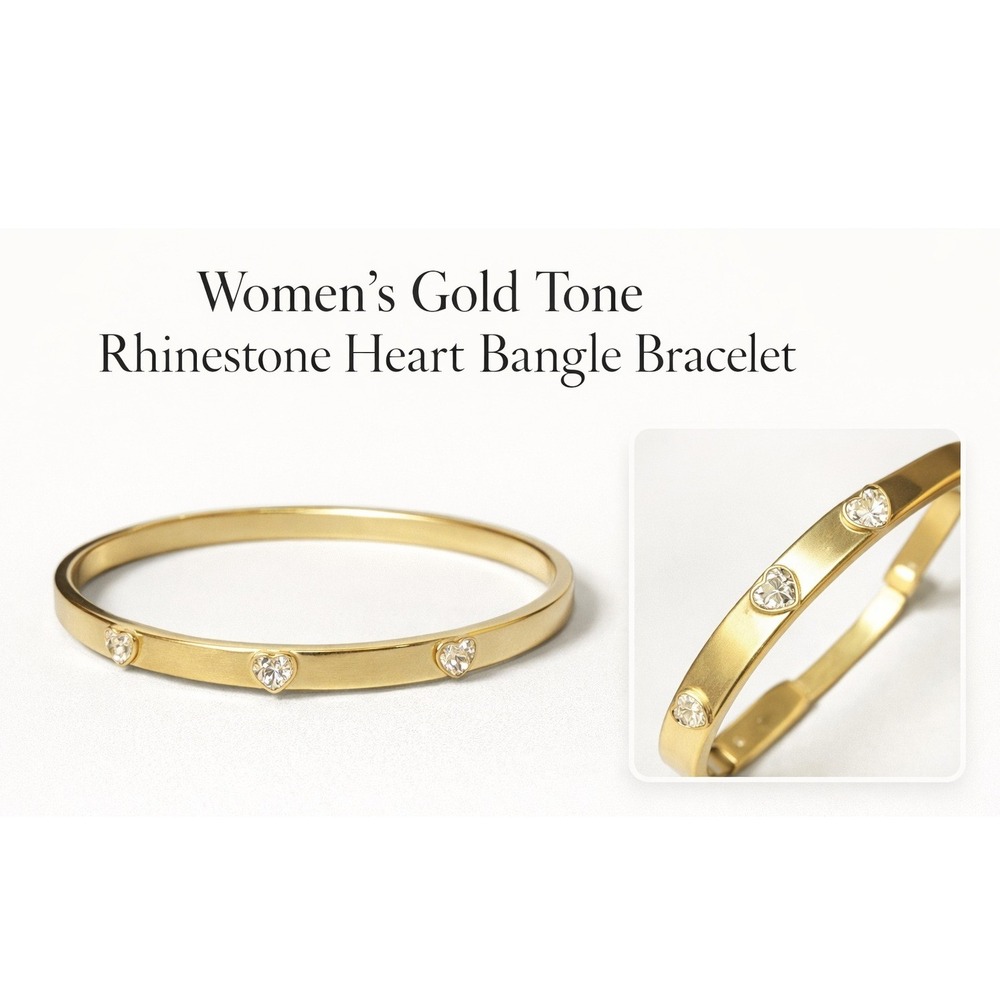 Womens Gold Tone Rhinestone Heart Bangle Bracelet Hinged Polished‎ Flat Band